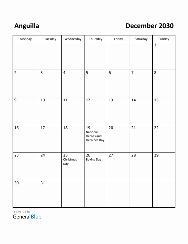 December 2030 Calendar with Anguilla Holidays