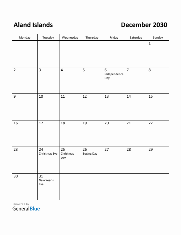 December 2030 Calendar with Aland Islands Holidays