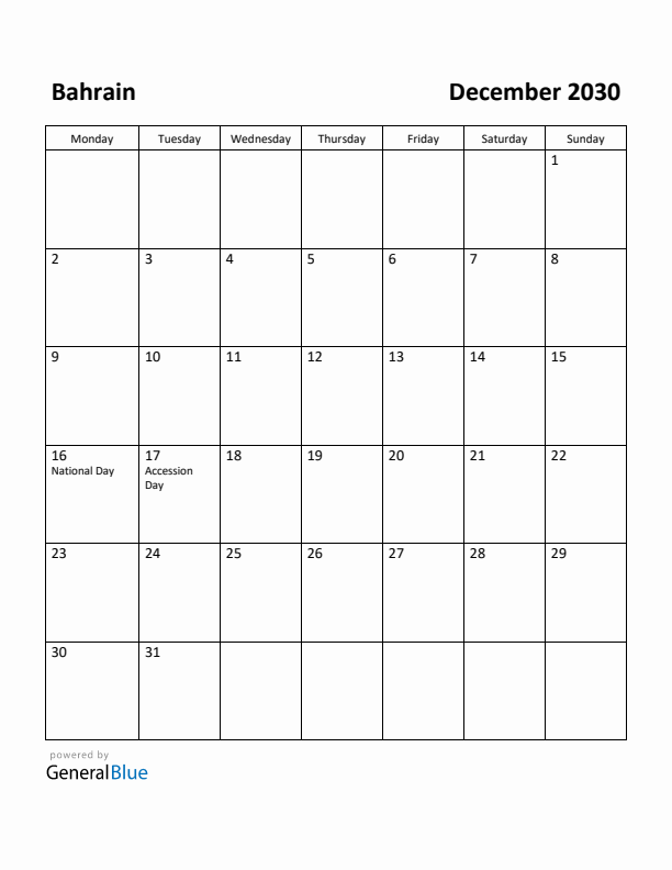 December 2030 Calendar with Bahrain Holidays