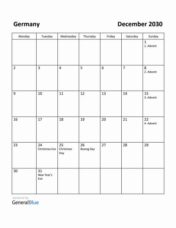 December 2030 Calendar with Germany Holidays