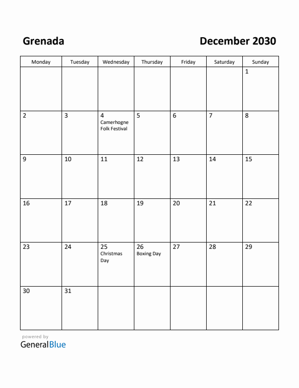 December 2030 Calendar with Grenada Holidays