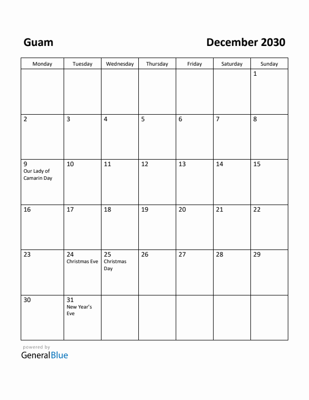 December 2030 Calendar with Guam Holidays