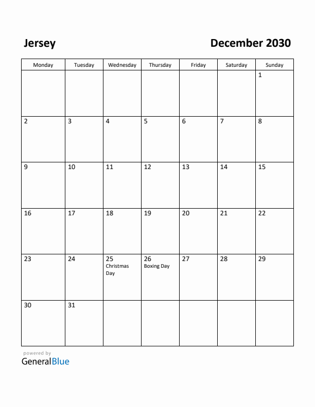 December 2030 Calendar with Jersey Holidays