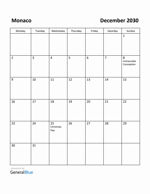 December 2030 Calendar with Monaco Holidays