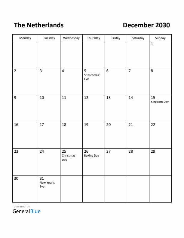 December 2030 Calendar with The Netherlands Holidays