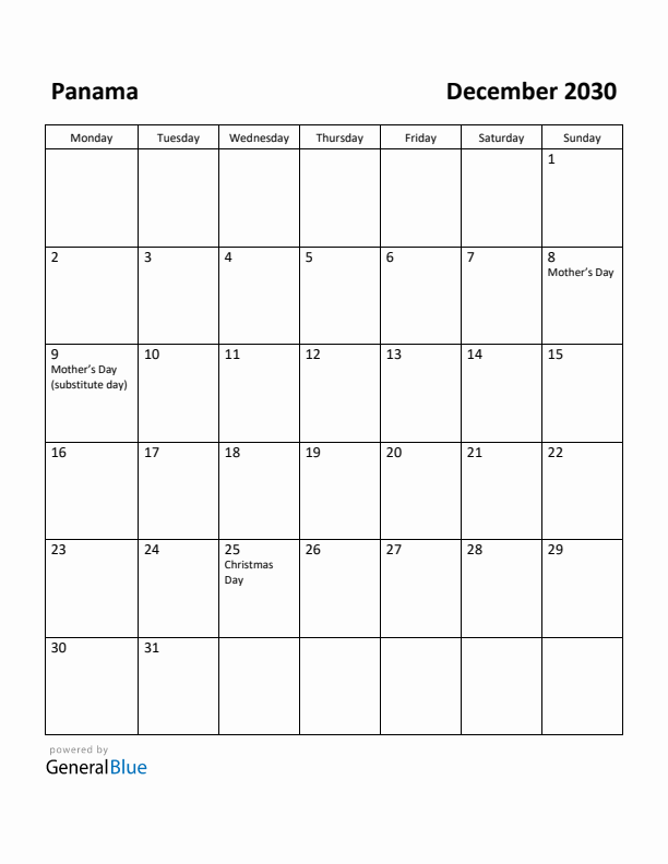 December 2030 Calendar with Panama Holidays