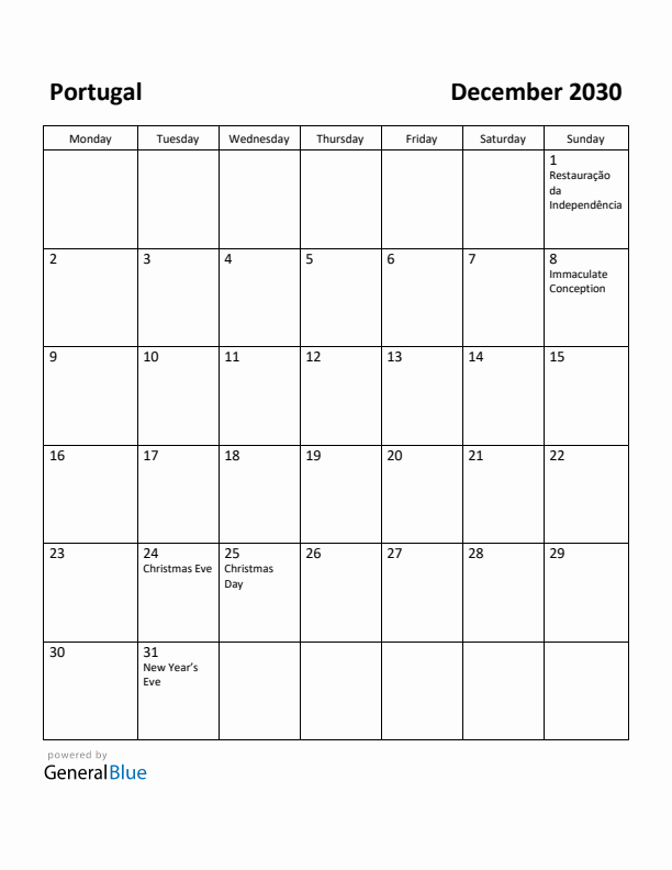 December 2030 Calendar with Portugal Holidays