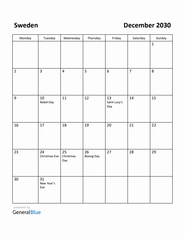 December 2030 Calendar with Sweden Holidays