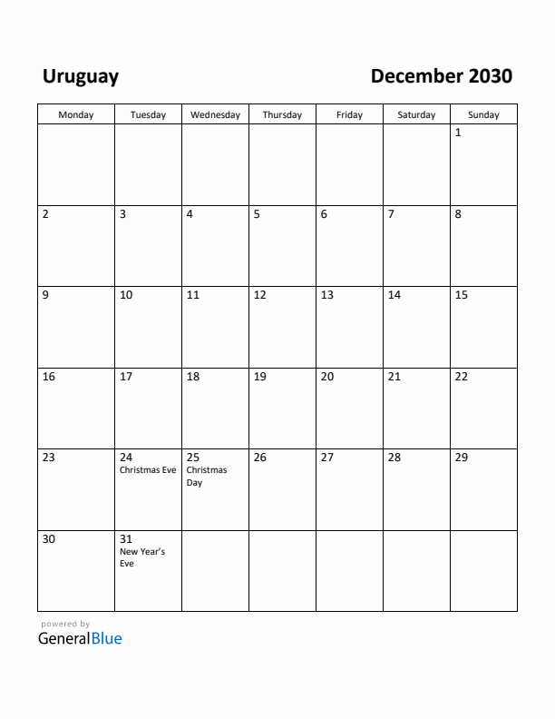 December 2030 Calendar with Uruguay Holidays