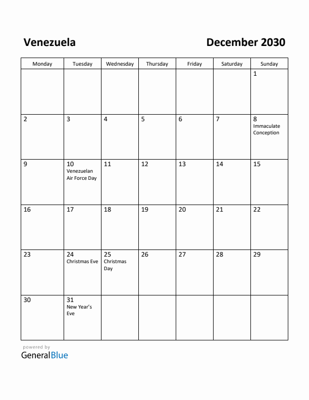 December 2030 Calendar with Venezuela Holidays