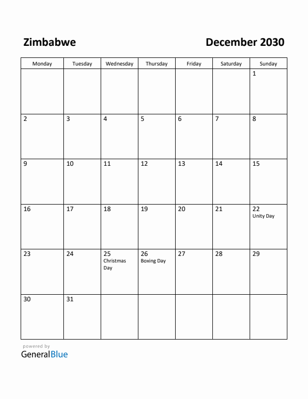 December 2030 Calendar with Zimbabwe Holidays