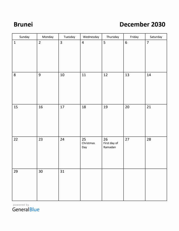 December 2030 Calendar with Brunei Holidays