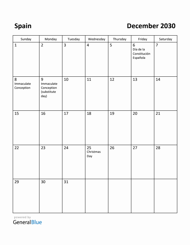 December 2030 Calendar with Spain Holidays