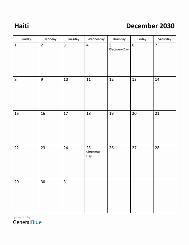 December 2030 Calendar with Haiti Holidays