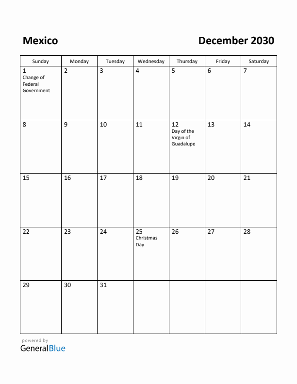 December 2030 Calendar with Mexico Holidays