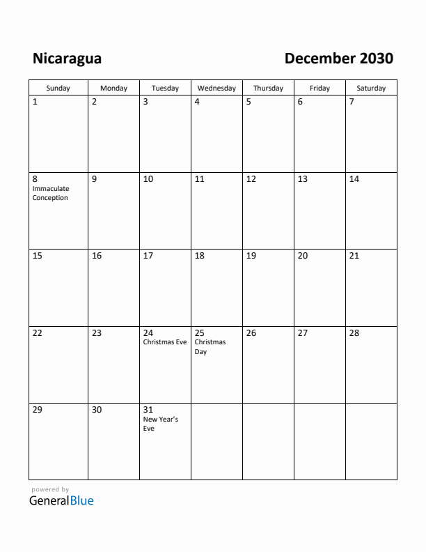 December 2030 Calendar with Nicaragua Holidays