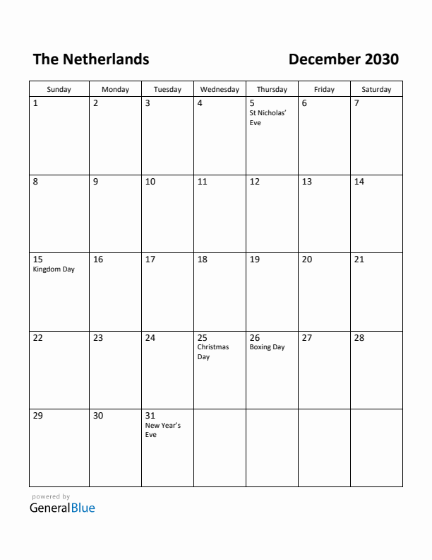 December 2030 Calendar with The Netherlands Holidays