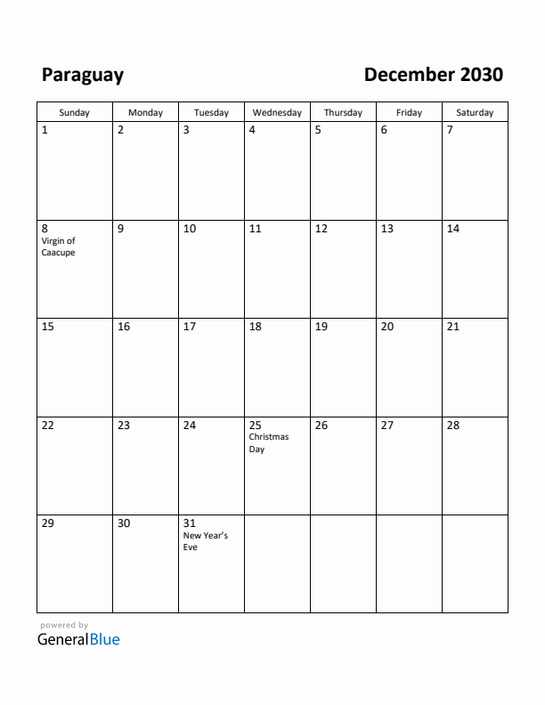 December 2030 Calendar with Paraguay Holidays