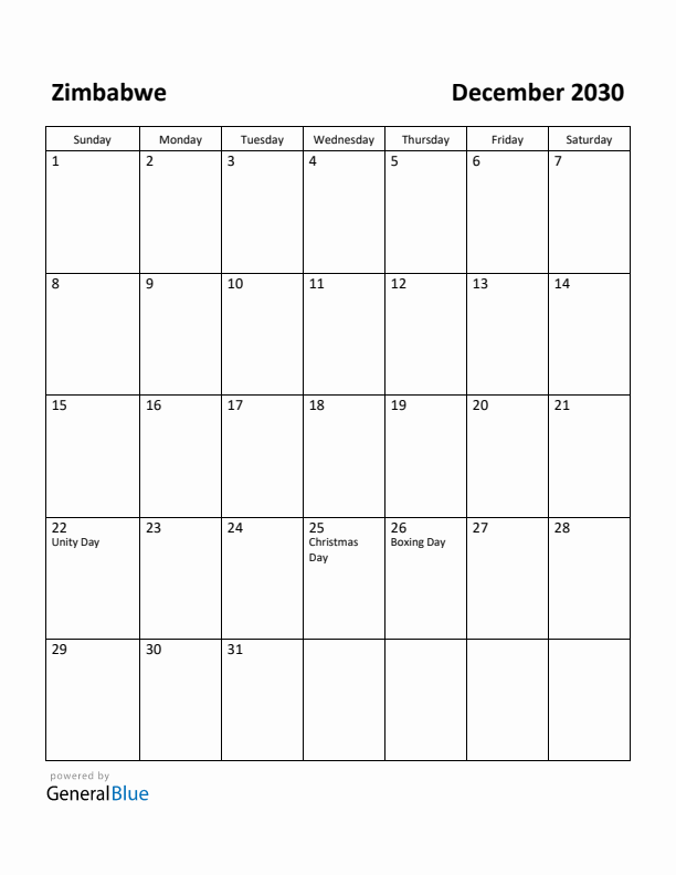 December 2030 Calendar with Zimbabwe Holidays