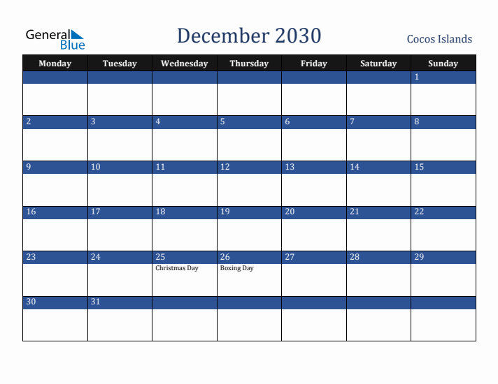 December 2030 Cocos Islands Calendar (Monday Start)