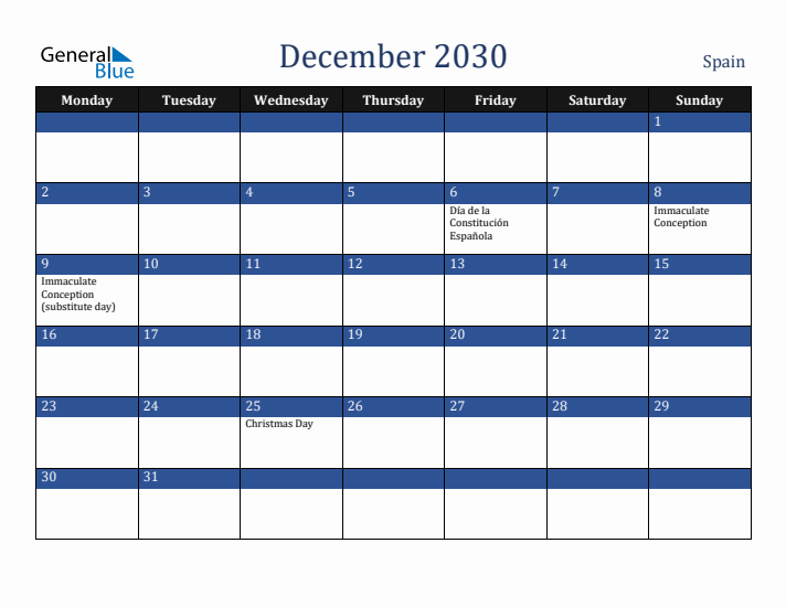 December 2030 Spain Calendar (Monday Start)