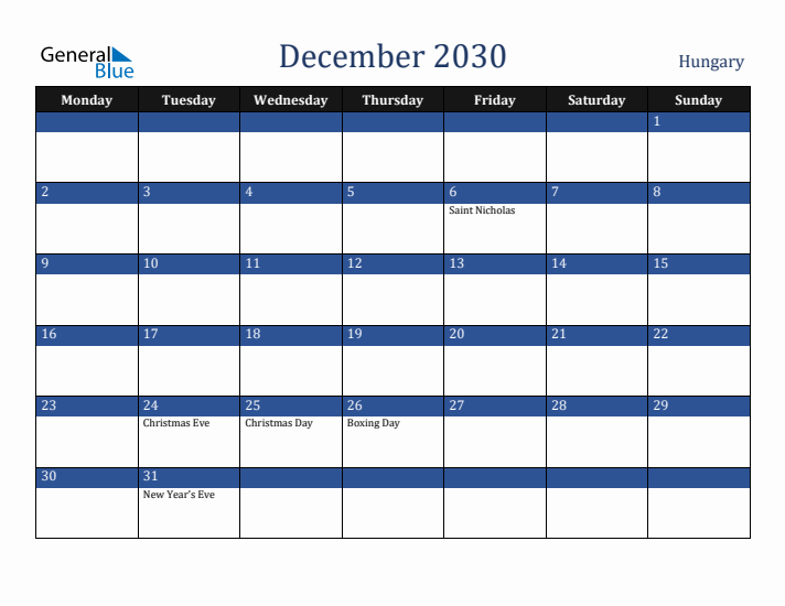 December 2030 Hungary Calendar (Monday Start)