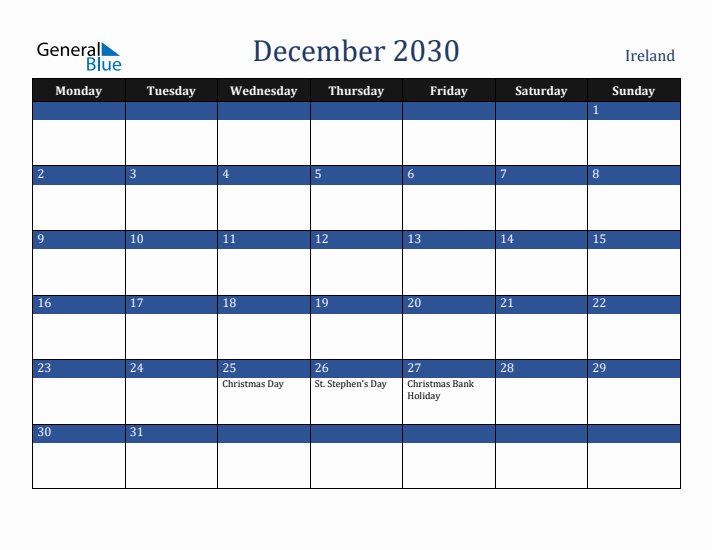 December 2030 Ireland Calendar (Monday Start)