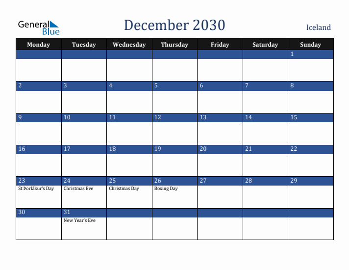 December 2030 Iceland Calendar (Monday Start)