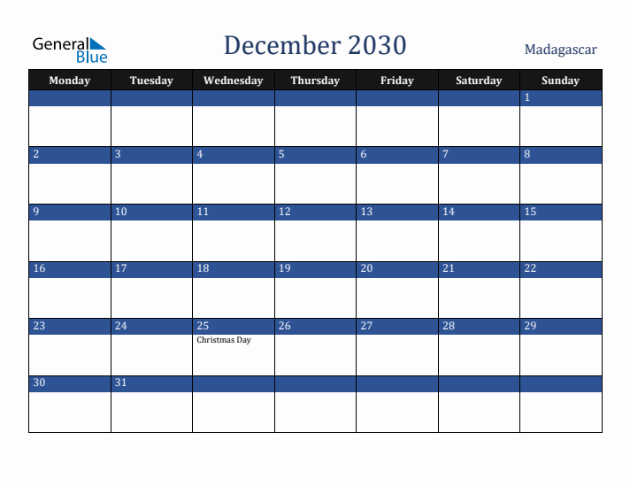 December 2030 Madagascar Calendar (Monday Start)