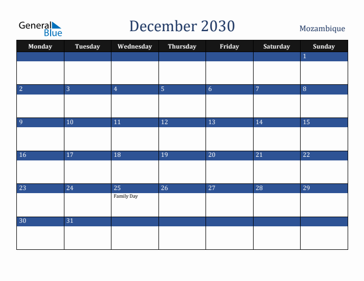 December 2030 Mozambique Calendar (Monday Start)