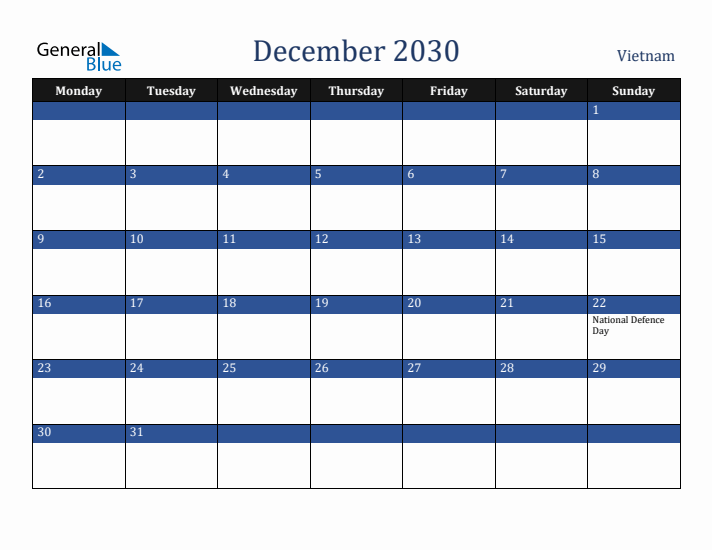 December 2030 Vietnam Calendar (Monday Start)