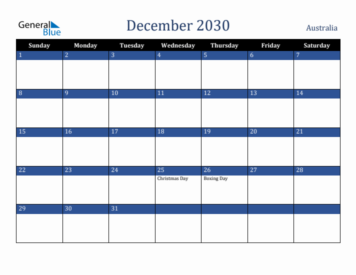 December 2030 Australia Calendar (Sunday Start)