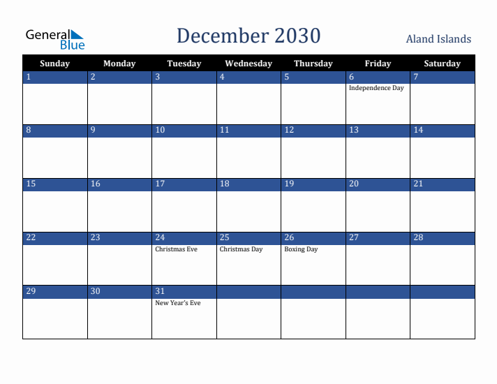 December 2030 Aland Islands Calendar (Sunday Start)