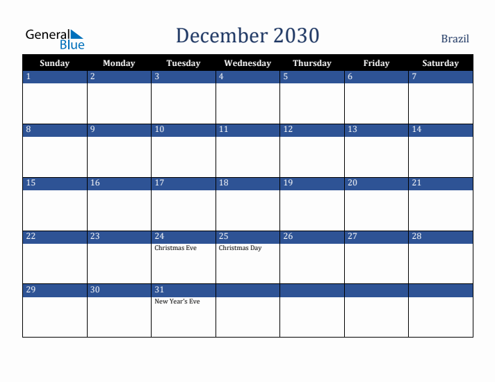 December 2030 Brazil Calendar (Sunday Start)