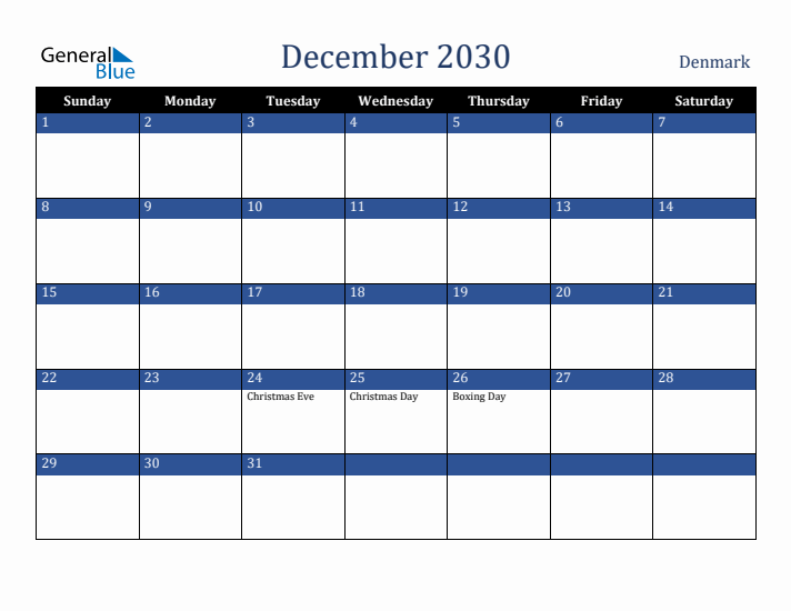 December 2030 Denmark Calendar (Sunday Start)