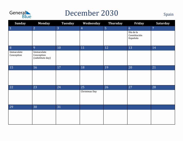 December 2030 Spain Calendar (Sunday Start)