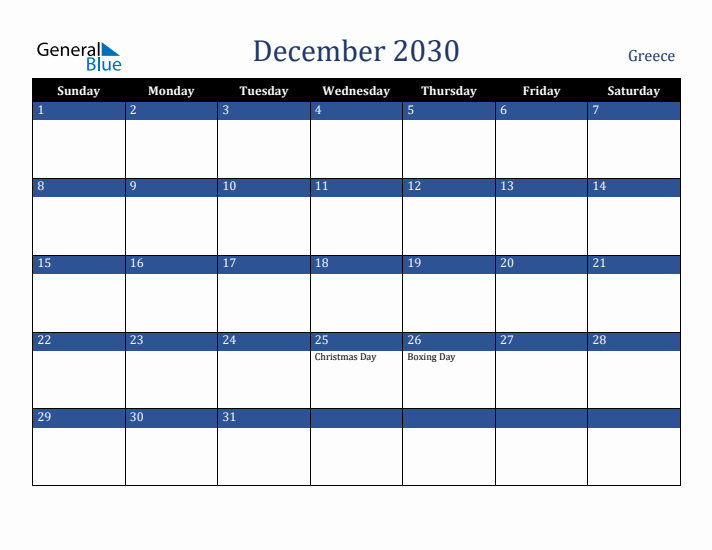 December 2030 Greece Calendar (Sunday Start)