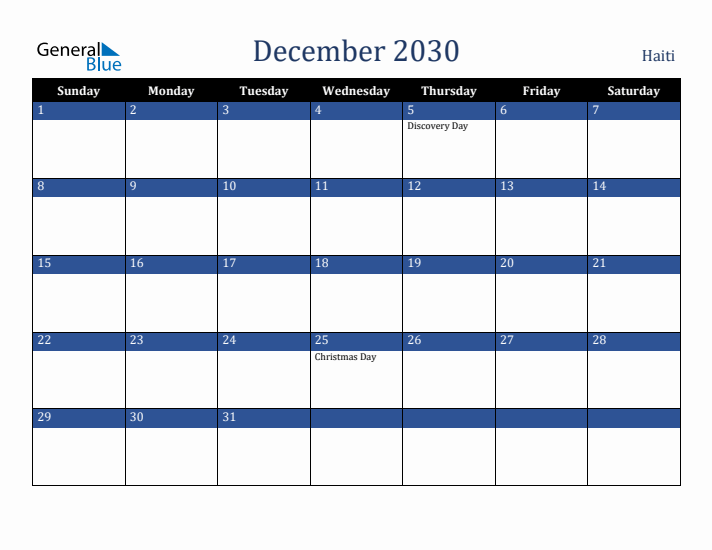 December 2030 Haiti Calendar (Sunday Start)