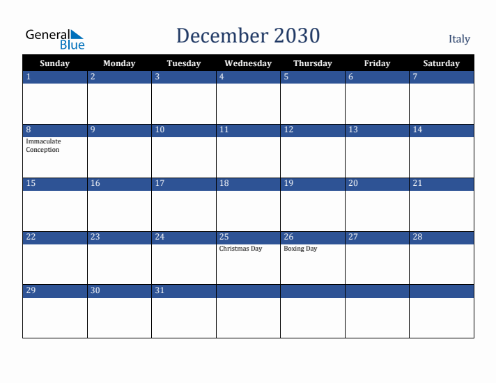 December 2030 Italy Calendar (Sunday Start)