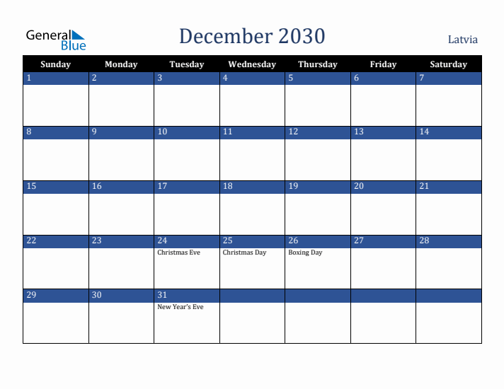 December 2030 Latvia Calendar (Sunday Start)