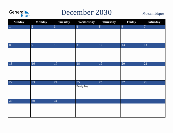 December 2030 Mozambique Calendar (Sunday Start)