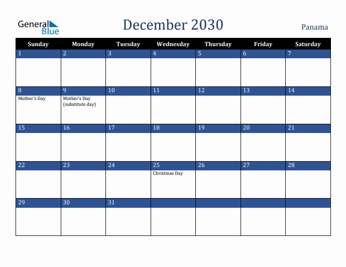 December 2030 Panama Calendar (Sunday Start)