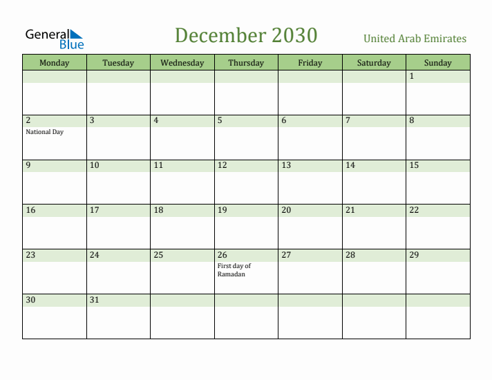 December 2030 Calendar with United Arab Emirates Holidays