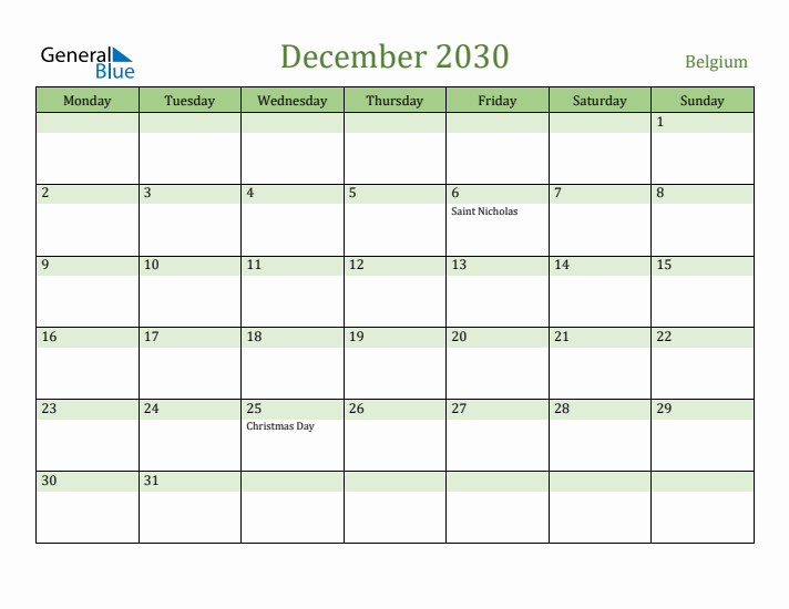 December 2030 Calendar with Belgium Holidays