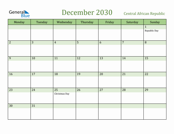 December 2030 Calendar with Central African Republic Holidays