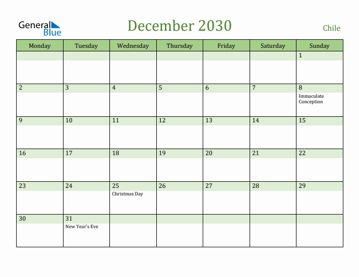 December 2030 Calendar with Chile Holidays