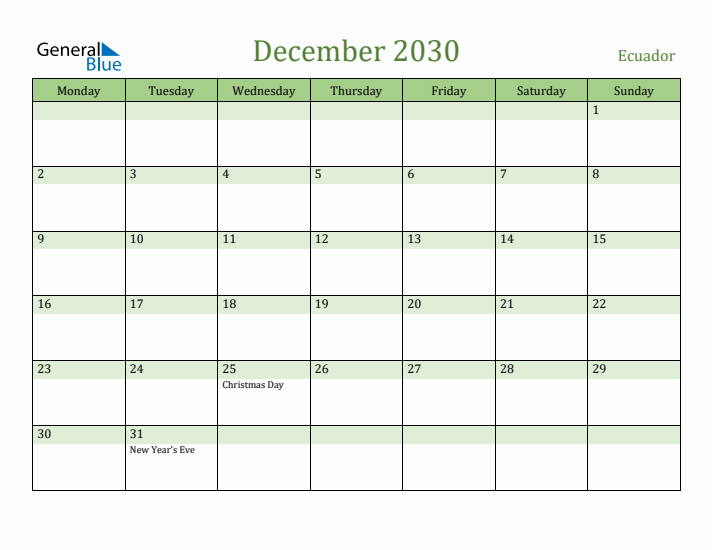 December 2030 Calendar with Ecuador Holidays