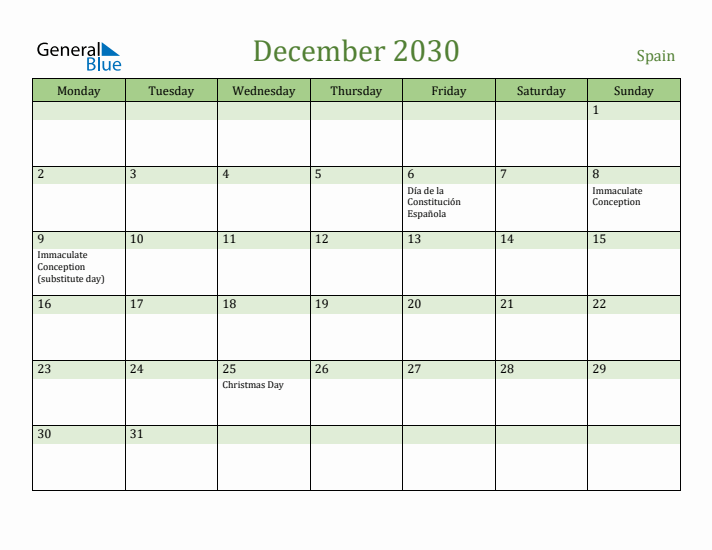 December 2030 Calendar with Spain Holidays