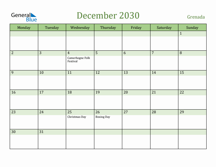 December 2030 Calendar with Grenada Holidays