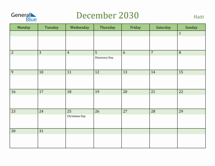 December 2030 Calendar with Haiti Holidays